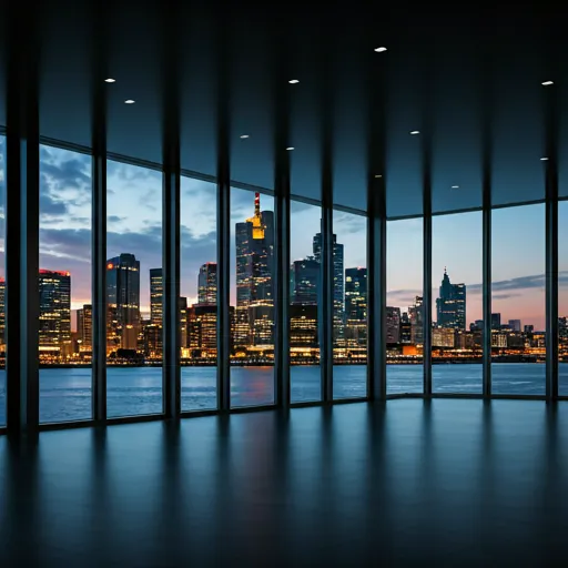 Plateau de bureau vitré donnant sur une skyline en bord de mer au crépuscule