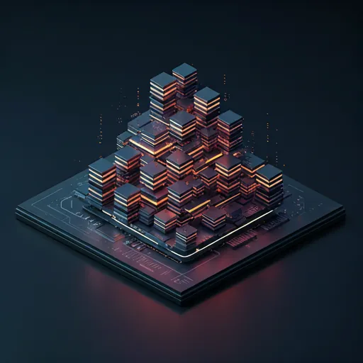 Représentation isométrique d'une infrastructure serveur empilée en pyramide