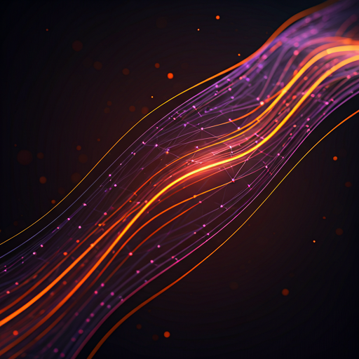 Faisceau de flux de données lumineux violets et orangés reliés par des nœuds